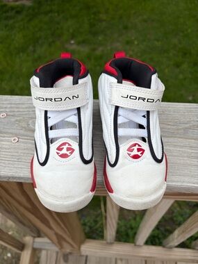 Jordan Pro Strong Kids White, Red & Black High-Top Sneakers 9C